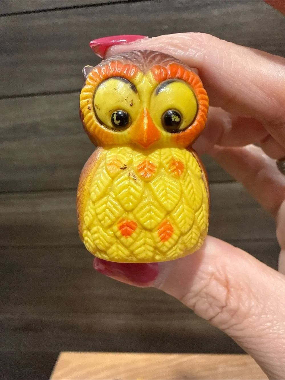 Yellow and Brown Owl Figurine Trio - 'Nobody's Perfect' salt and pepper shakers